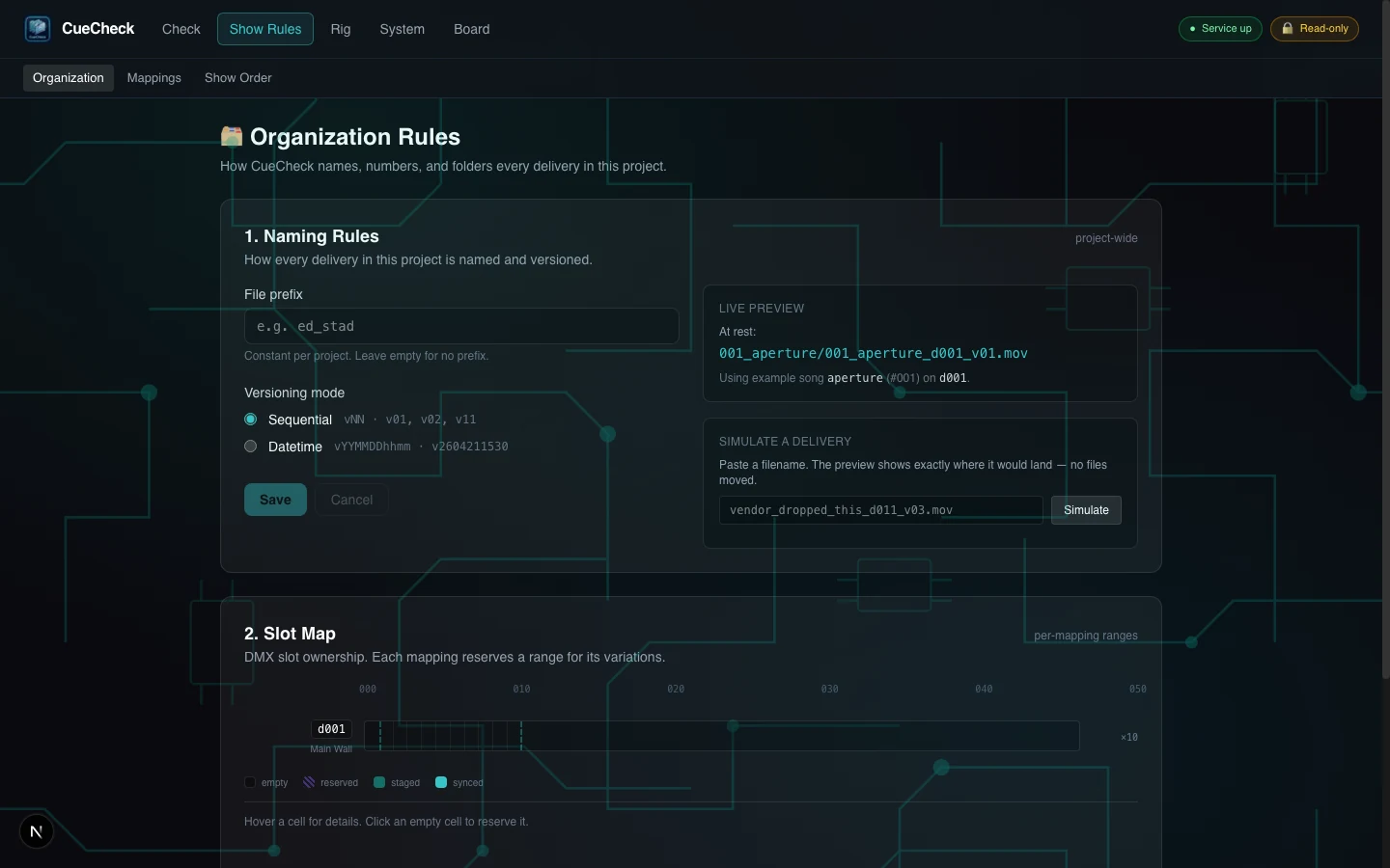 The CueCheck Organization Rules screen: a naming-rules panel with file prefix and versioning-mode controls, a live preview of the resulting path, a simulate-a-delivery box, and a slot map showing reserved delivery ranges.