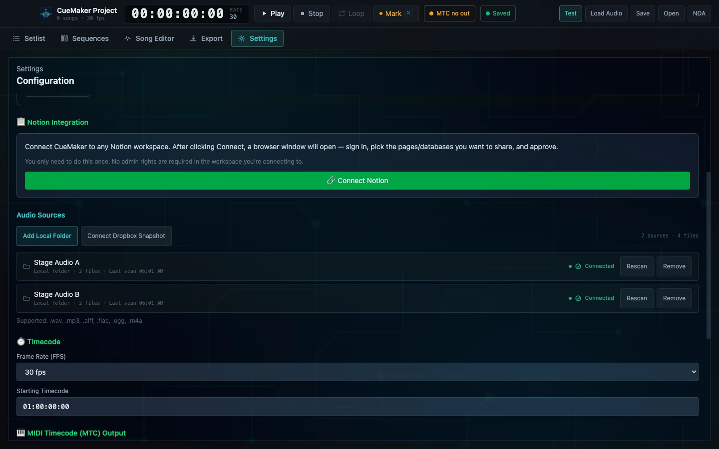 The CueMaker configuration screen showing a Notion integration block, two connected local audio source folders named Stage Audio A and Stage Audio B each reporting two files and a last scan time, a thirty frames per second timecode setting and a starting timecode of 01:00:00:00.