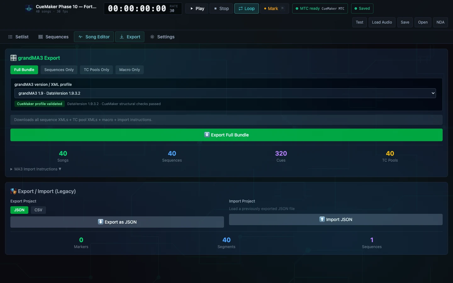The CueMaker export screen with a full bundle selected for grandMA3 version 1.9, a validated CueMaker profile against the supported data revision, an export full bundle action, and counts reading forty songs, forty sequences, three hundred and twenty cues and forty timecode pools.