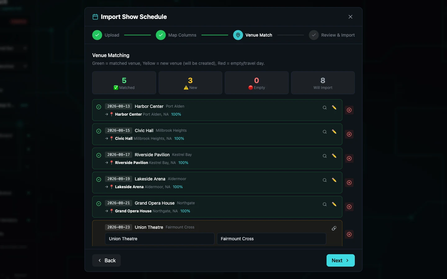 CuePack's Schedule Import Wizard at the Venue Match step: eight imported dates are listed, five automatically matched to existing venues and three marked as new venues for review, with the four-step Upload, Map Columns, Venue Match, Review and Import rail visible above.
