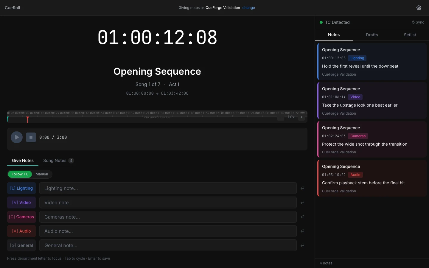 The CueRoll note desk: a large running timecode display over the current song and its timecode range, a timeline and transport underneath, department note fields along the bottom, and a notes column on the right holding four department-tagged notes.