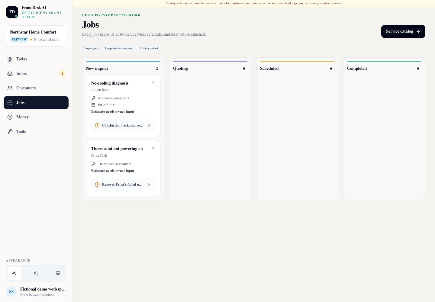 The Front Desk AI Jobs board with four columns for new inquiry, quoting, scheduled and completed work; two cards sit in new inquiry, each naming the customer, the service and its next action, and each marked estimate needs owner input, while the other three columns are empty.