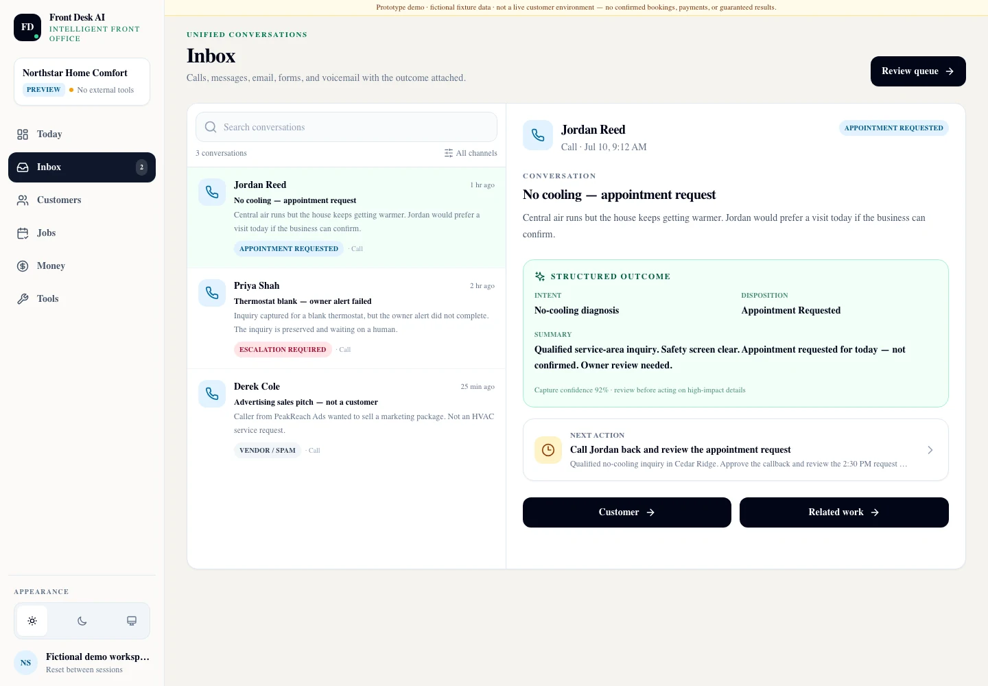 The Front Desk AI Inbox: three captured conversations listed on the left, tagged appointment requested, escalation required and vendor or spam, beside a structured outcome panel naming the intent, the disposition, a written summary and the recommended next action for the owner.