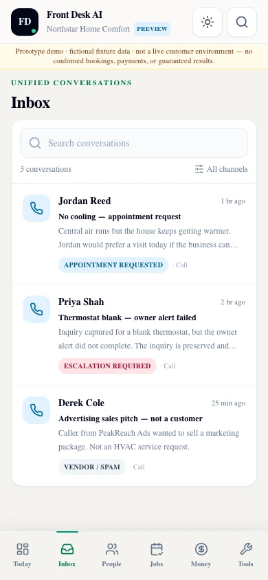 The Front Desk AI inbox at phone width, showing the workspace header, the fictional-fixture-data disclosure, three captured conversations with their status tags and summaries, and a bottom navigation bar for today, inbox, people, jobs, money and tools.