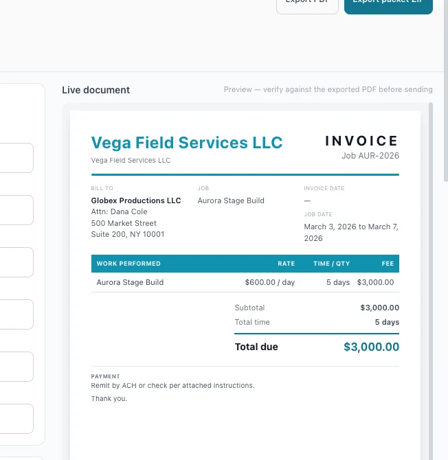 The InvoicePack live document preview: a neutral invoice with the issuing business name, a job number, bill-to and job blocks, an unset invoice date, a job date range, a work-performed table with rate, time and fee columns, a subtotal, a total time in days, a total due, and a payment note about remitting by transfer or cheque.