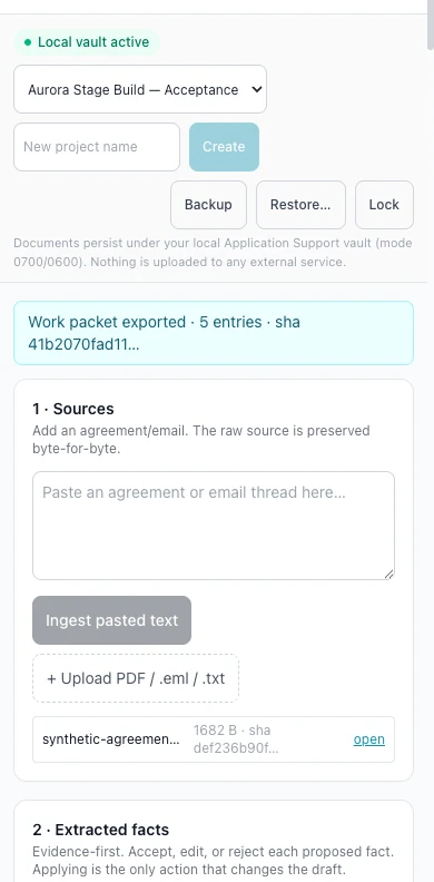 The InvoicePack vault at phone width: a local vault active marker, the project selector with create, backup, restore and lock controls stacked for a narrow screen, the local storage disclosure, the exported work packet banner, the sources panel with its ingest controls and stored agreement, and the beginning of the extracted-facts step.