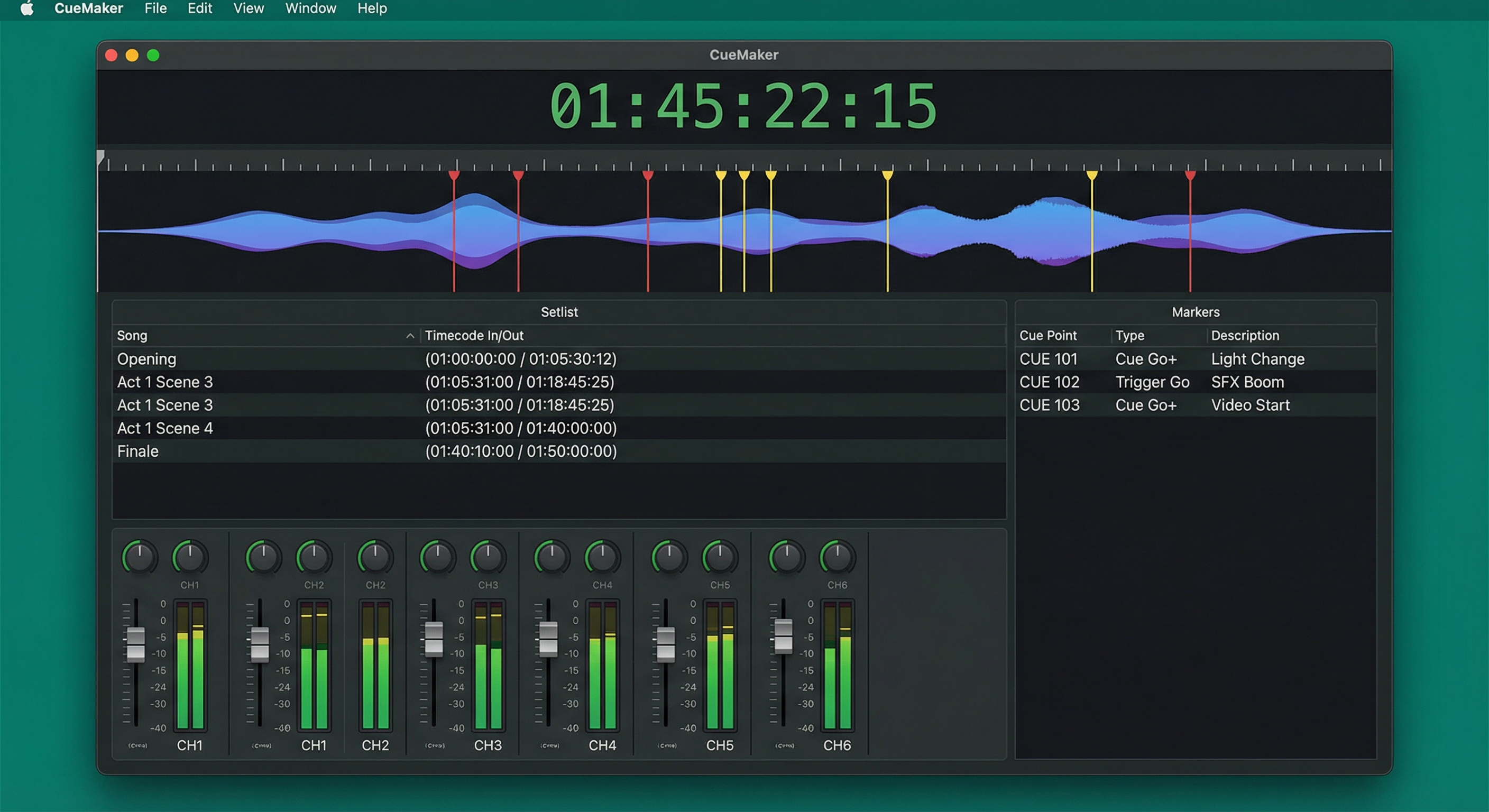 CueMaker application screenshot showing timecode display, waveform with markers, setlist, and 6-channel audio mixer