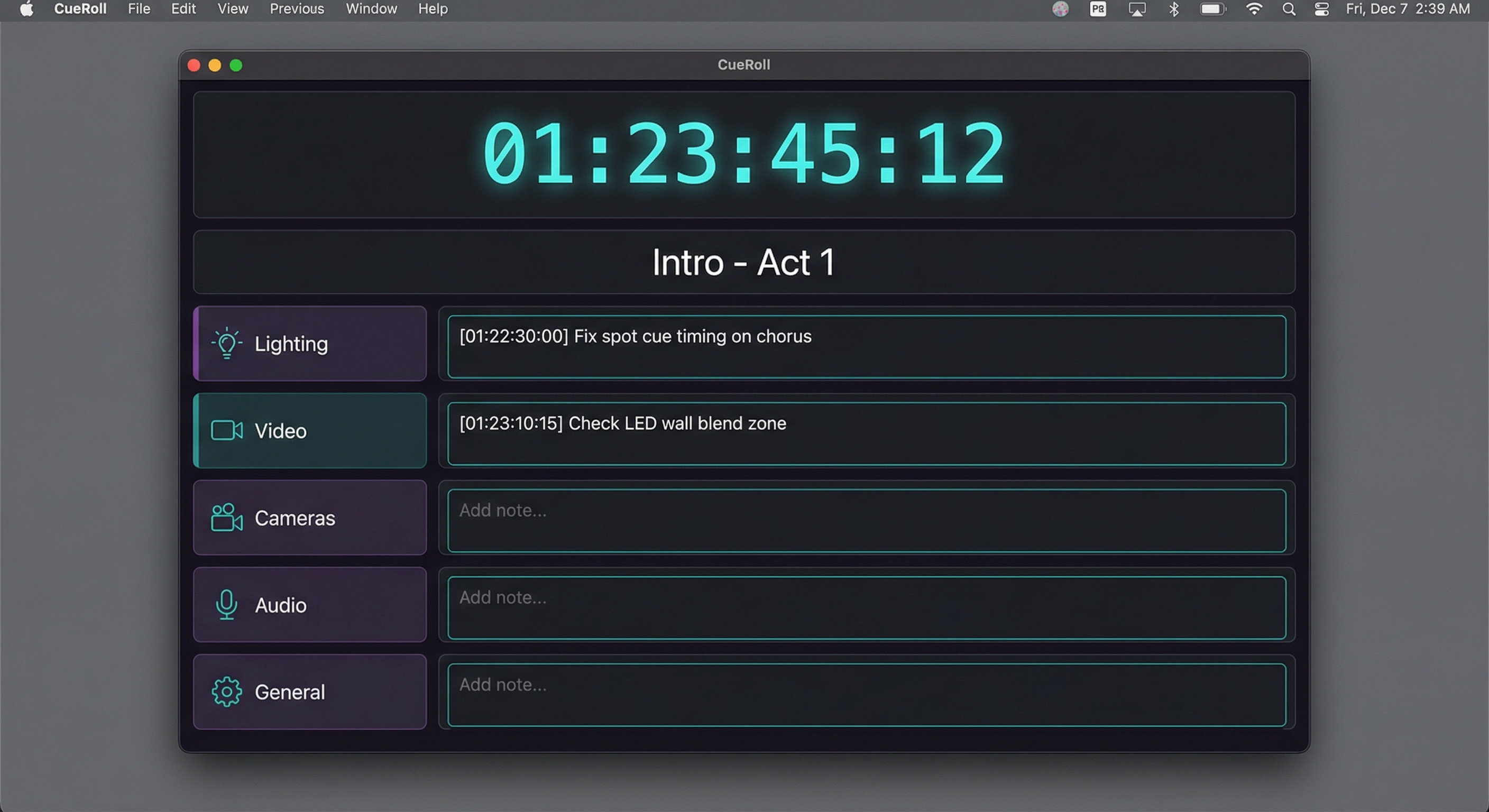 CueRoll application screenshot showing timecode display and multi-department note-taking interface